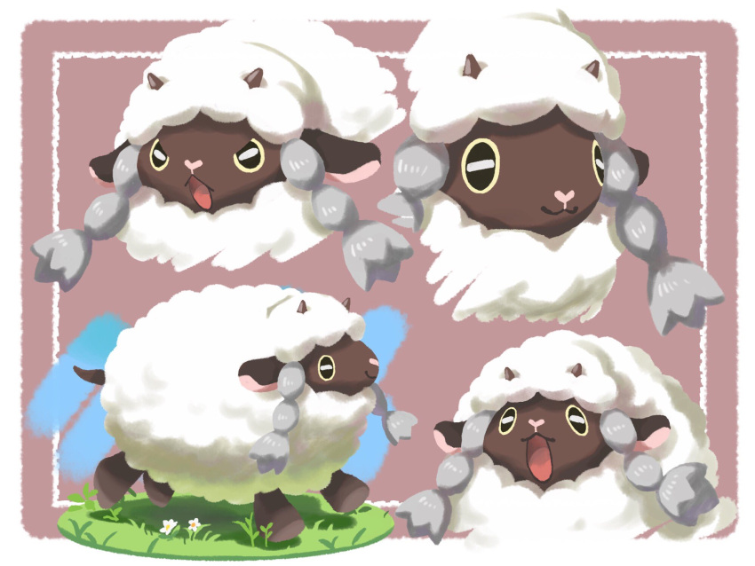 4o080_yotabnc angry commentary_request flower gen_8_pokemon grass highres horns no_humans open_mouth pokemon pokemon_(creature) pokemon_(game) pokemon_swsh sheep white_flower wooloo