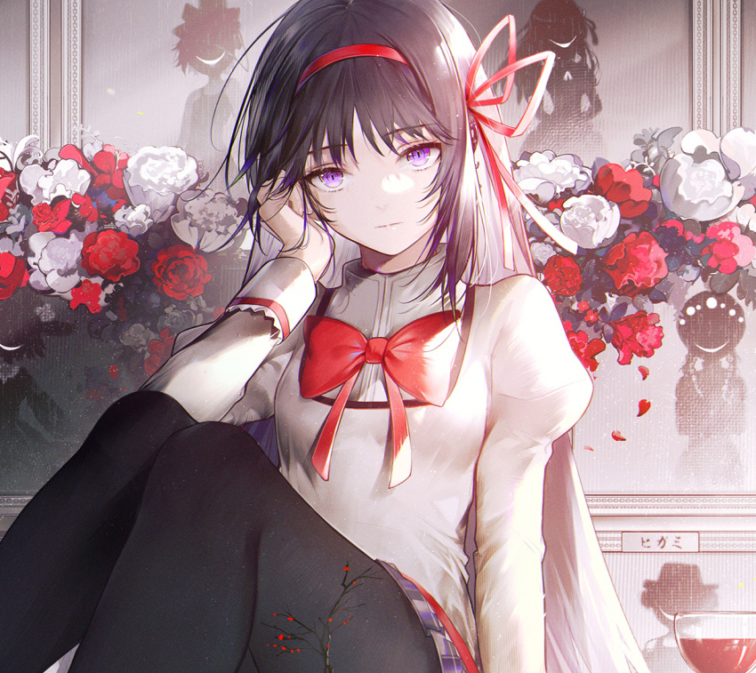 1girl akemi_homura bai_qi-qsr bangs black_hair black_legwear bow bowtie closed_mouth dress_shirt eyebrows_visible_through_hair flower hair_ribbon hairband hand_in_hair long_hair long_sleeves looking_at_viewer mahou_shoujo_madoka_magica miniskirt panties pantyshot plaid plaid_skirt pleated_skirt red_bow red_flower red_hairband red_neckwear red_ribbon ribbon school_uniform shiny shiny_hair shirt sitting skirt solo underwear very_long_hair violet_eyes white_flower white_shirt