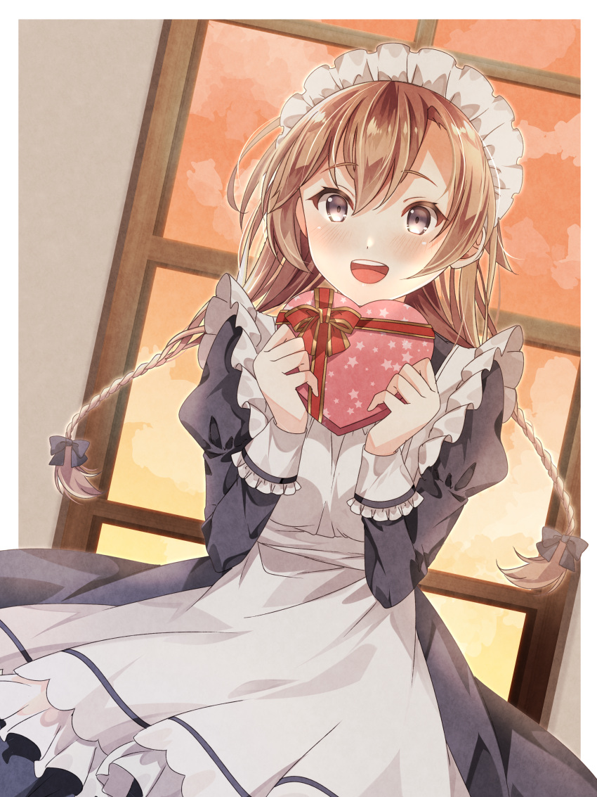 1girl absurdres alternate_costume apron black_dress blush box braid brown_hair dress enmaided eyebrows_visible_through_hair gift gift_box grey_eyes hair_between_eyes heart-shaped_box highres holding holding_gift huge_filesize juliet_sleeves kantai_collection kukimaru long_hair long_sleeves maid maid_apron maid_headdress open_mouth puffy_sleeves smile solo teruzuki_(kancolle) twin_braids upper_body white_apron window