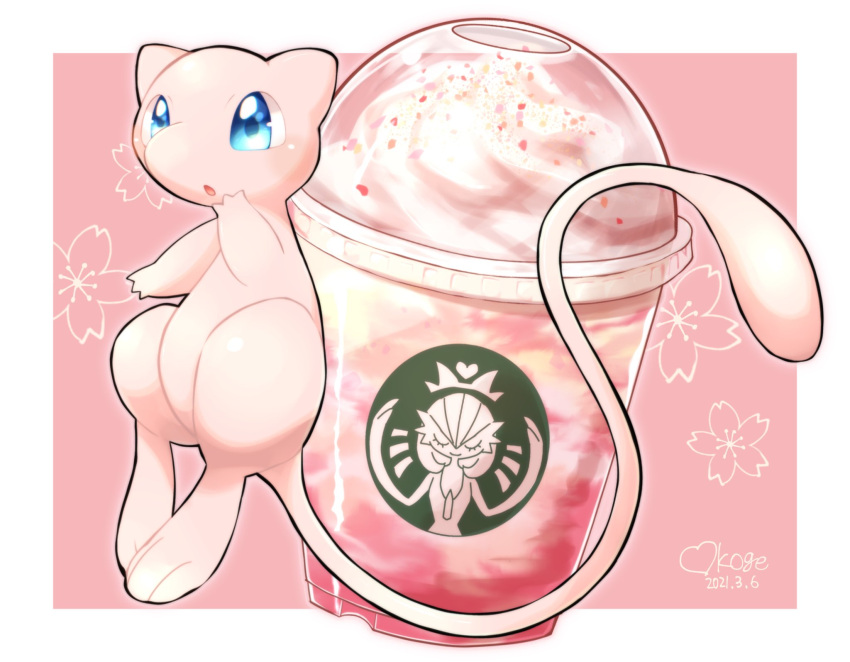 blue_eyes character_print commentary_request gardevoir gen_1_pokemon gen_3_pokemon hand_up highres mew mythical_pokemon no_humans okoge_(simokaji) open_mouth pokemon pokemon_(creature) solo starbucks toes tongue