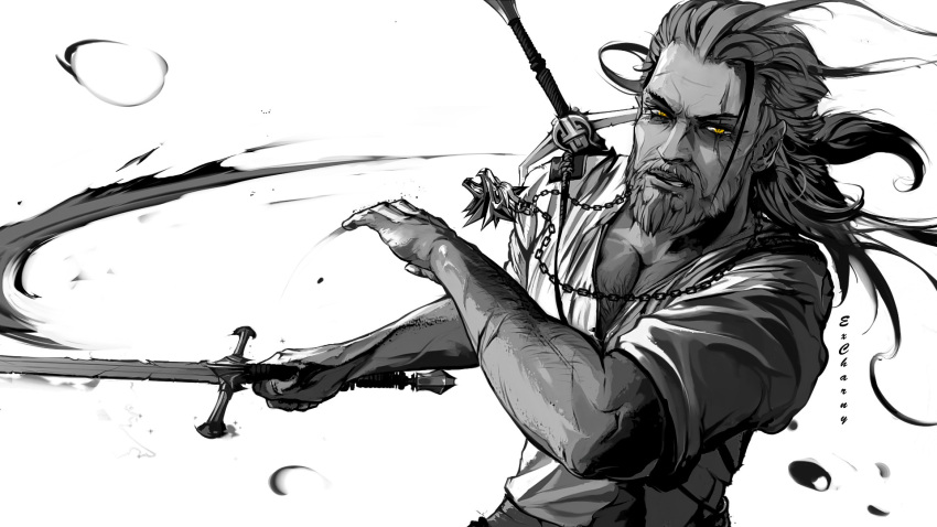 1boy beard chest_hair english_commentary excharny facial_hair geralt_of_rivia half-closed_eyes highres holding holding_sword holding_weapon jewelry long_hair male_focus manly monochrome necklace pectorals scar shirt short_sleeves simple_background sleeves_pushed_up solo spot_color sword teeth the_witcher weapon weapon_on_back white_background white_hair white_shirt wolf_necklace yellow_eyes