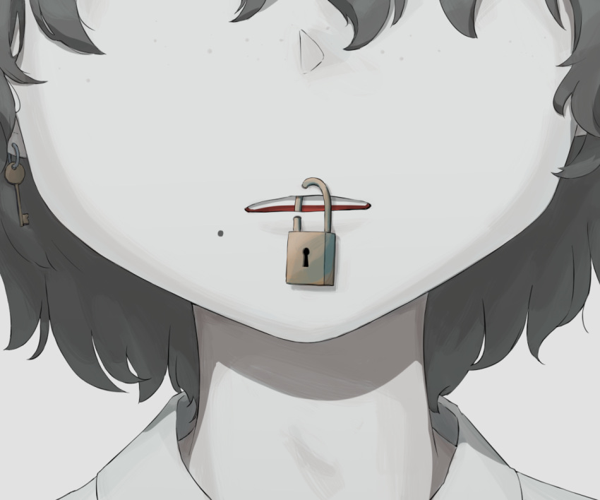 1other avogado6 collared_shirt commentary_request earrings freckles grey_hair jewelry key key_earrings lock medium_hair mole mole_under_mouth original padlock parted_lips portrait shirt simple_background solo stitched_mouth stitches symbolism white_background white_shirt