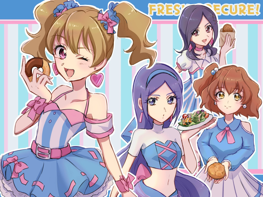 4girls :d aono_miki bare_shoulders belt blue_eyes blue_hair blue_hairband brown_hair choker commentary_request copyright_name doughnut dress earrings english_text eyelashes food fpminnie1 fresh_precure! frilled_dress frills hair_ornament hairband hairclip half_updo happy heart heart_earrings higashi_setsuna highres jewelry long_hair looking_at_viewer midriff momozono_love multiple_girls navel one_eye_closed open_mouth pink_hair precure puffy_short_sleeves puffy_sleeves purple_hair red_eyes salad short_hair short_sleeves side_ponytail sketch skirt smile twintails wrist_cuffs yamabuki_inori yellow_eyes