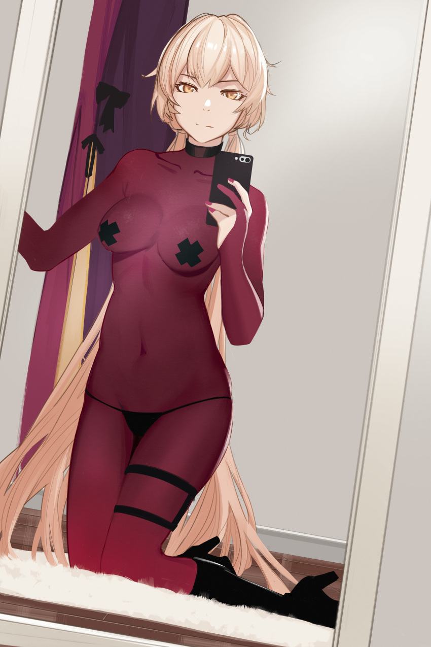 1girl absurdres black_choker black_footwear black_panties blonde_hair bodysuit boots breasts cellphone choker closed_mouth collarbone covered_navel covered_nipples eyebrows_visible_through_hair girls_frontline high_heel_boots high_heels highres holding holding_phone long_hair looking_at_viewer medium_breasts nail_polish ots-14_(girls_frontline) panties phone purple_bodysuit purple_nails salty_eyes simple_background sitting sitting_on_floor smartphone solo underwear yellow_eyes