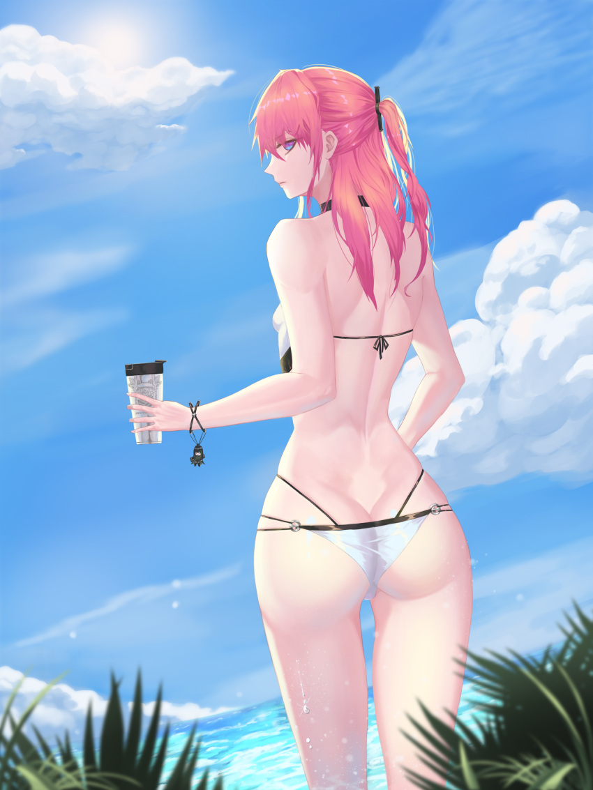 1girl absurdres ass back bangs bikini blue_eyes blue_sky butt_crack closed_mouth clouds cloudy_sky cup eyebrows_visible_through_hair from_below girls_frontline hair_ornament highres holding holding_cup long_hair looking_at_viewer looking_back ocean pink_hair ponytail sky solo st_ar-15_(girls_frontline) standing swimsuit thighs un_lim white_bikini