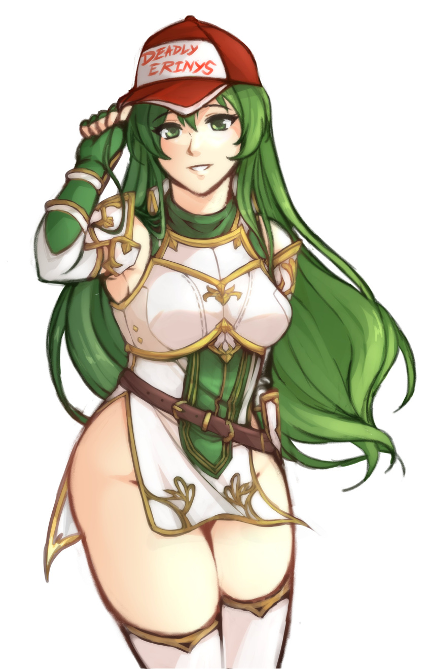 1girl absurdres armor breasts elbow_gloves erinys_(fire_emblem) fingerless_gloves fire_emblem fire_emblem:_genealogy_of_the_holy_war gloves green_eyes green_hair hat highres long_hair looking_at_viewer medium_breasts no_panties pelvic_curtain simple_background smile solo tridisart white_background