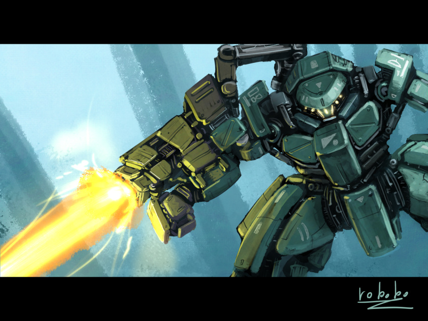 bottoms1237 extra_eyes firing glowing glowing_eyes gun highres holding holding_gun holding_weapon looking_down mecha no_humans original science_fiction solo weapon yellow_eyes