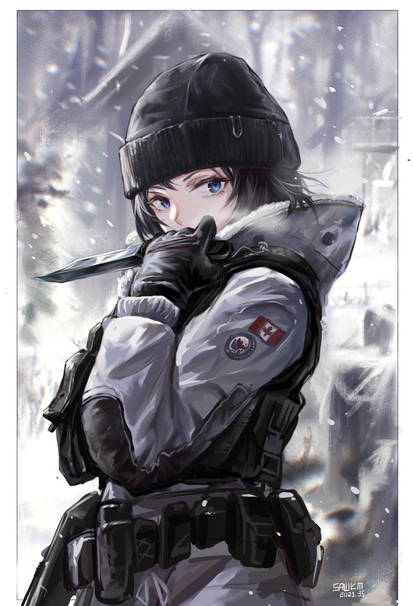 1girl absurdres arknights artist_name belt black_hair blue_eyes border canadian_flag coat dated frost_(rainbow_six_siege) gloves hand_up hat highres holding holding_knife knife long_sleeves military mole mole_under_eye outside_border rainbow_six_siege sawkm short_hair snow snowing solo tactical_clothes utility_belt white_border winter_clothes winter_coat