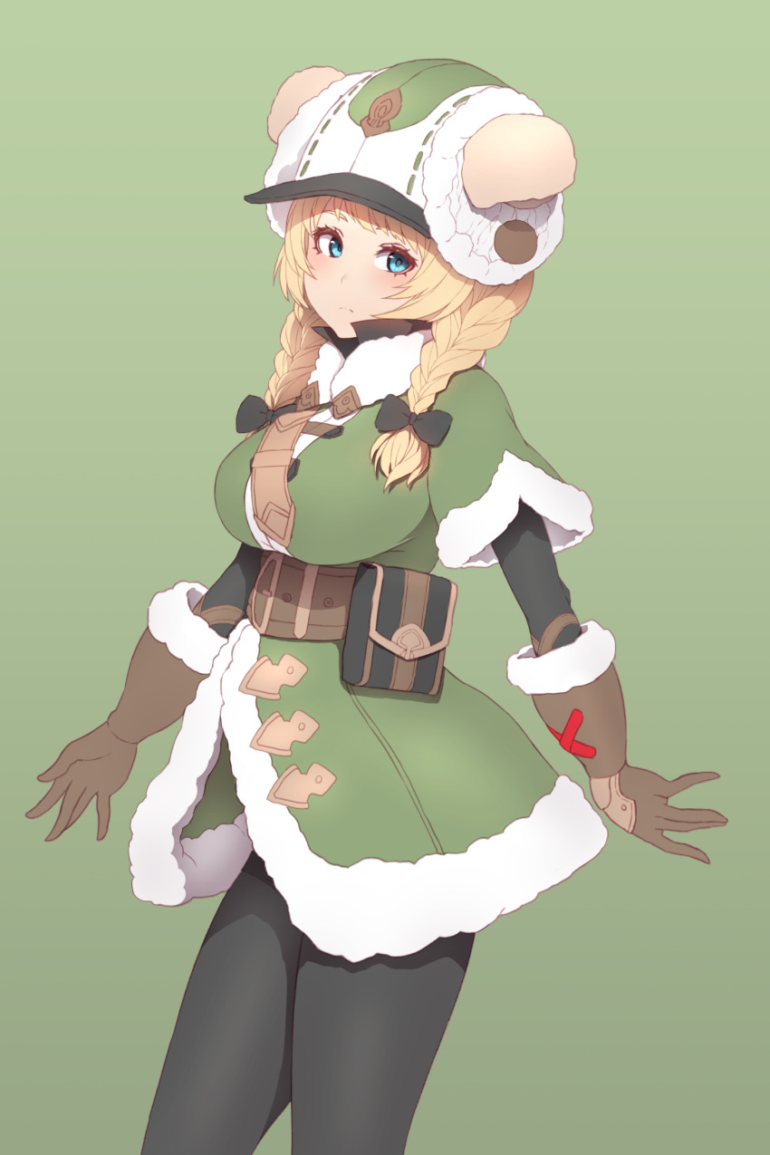 1girl animal_ears belt belt_pouch black_legwear blonde_hair blue_eyes braid breasts brown_gloves closed_mouth coat cowboy_shot eyelashes fur-trimmed_coat fur-trimmed_gloves fur_trim gloves green_background grey_coat hat highres king's_raid large_breasts leather leather_gloves light_blush long_hair looking_at_viewer low_twin_braids low_twintails pantyhose pouch rodina_(king's_raid) simple_background solo twin_braids twintails underbust yu_mochi_(kamiinu)