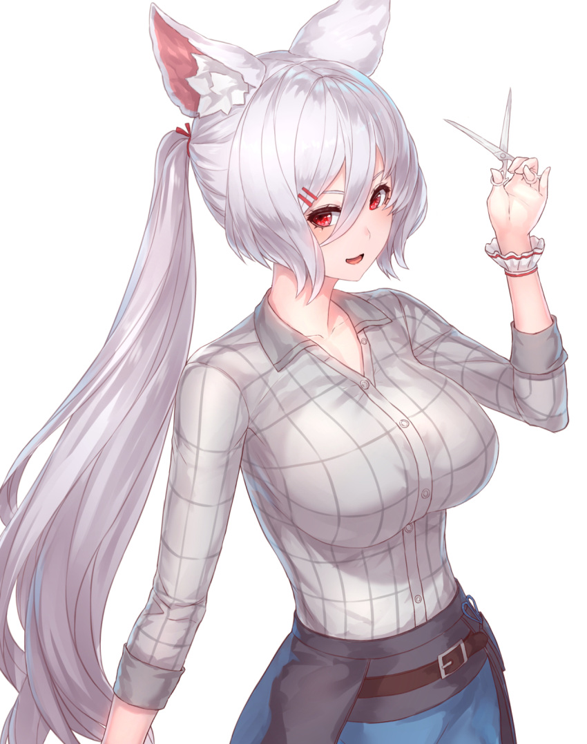 1girl :d animal_ear_fluff animal_ears bangs blush breasts cat_ears cat_girl collarbone cowboy_shot denim eyelashes from_side green_eyes grey_shirt hair_between_eyes hair_ribbon highres impossible_clothes impossible_shirt king's_raid kirze large_breasts long_hair long_sleeves looking_at_viewer open_mouth ponytail red_eyes red_ribbon ribbon shirt silver_hair simple_background sleeves_folded_up smile solo white_background wristband yu_mochi_(kamiinu)