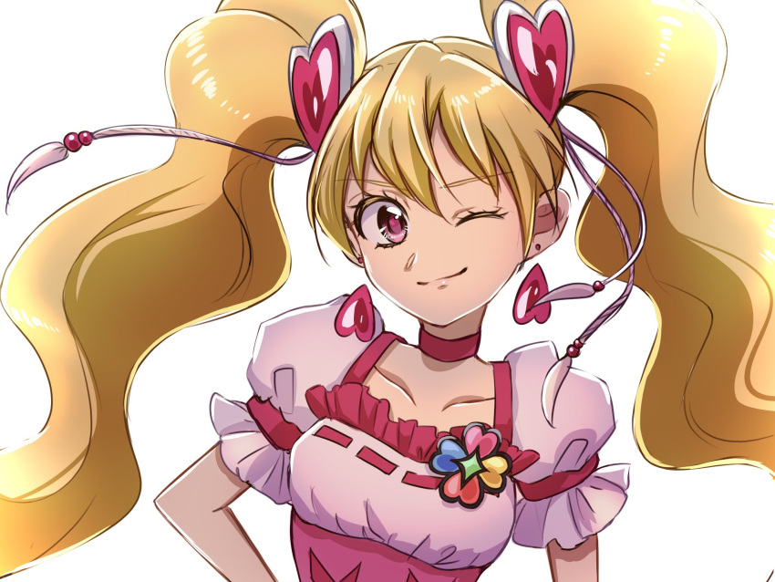 1girl blonde_hair choker commentary_request cure_peach dress earrings eyelashes fpminnie1 fresh_precure! hair_ornament happy heart heart_earrings heart_hair_ornament highres jewelry long_hair looking_at_viewer magical_girl momozono_love one_eye_closed pink_dress pink_eyes precure puffy_short_sleeves puffy_sleeves short_sleeves simple_background sketch smile solo twintails white_background