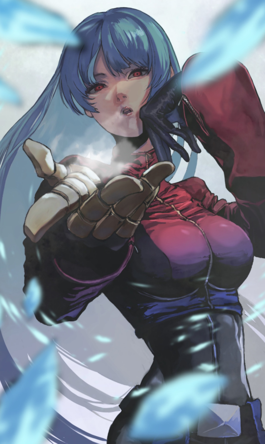 1girl belt black_gloves blue_hair blurry blurry_foreground breath cold gauss_&lt;bokashi gloves highres ice kula_diamond long_hair looking_at_viewer parted_lips red_eyes solo teeth the_king_of_fighters turtleneck upper_teeth zipper