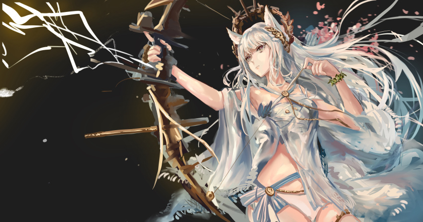 1girl absurdres aiming animal_ears arknights bangs bare_shoulders bikini bow_(weapon) bracelet breasts brown_eyes commentary cowboy_shot criss-cross_halter drawing_bow halterneck highres holding holding_bow_(weapon) holding_weapon horse_ears jewelry laurel_crown long_hair official_alternate_costume platinum_(arknights) platinum_(shimmering_dew)_(arknights) sawkm silver_hair solo swimsuit weapon white_bikini