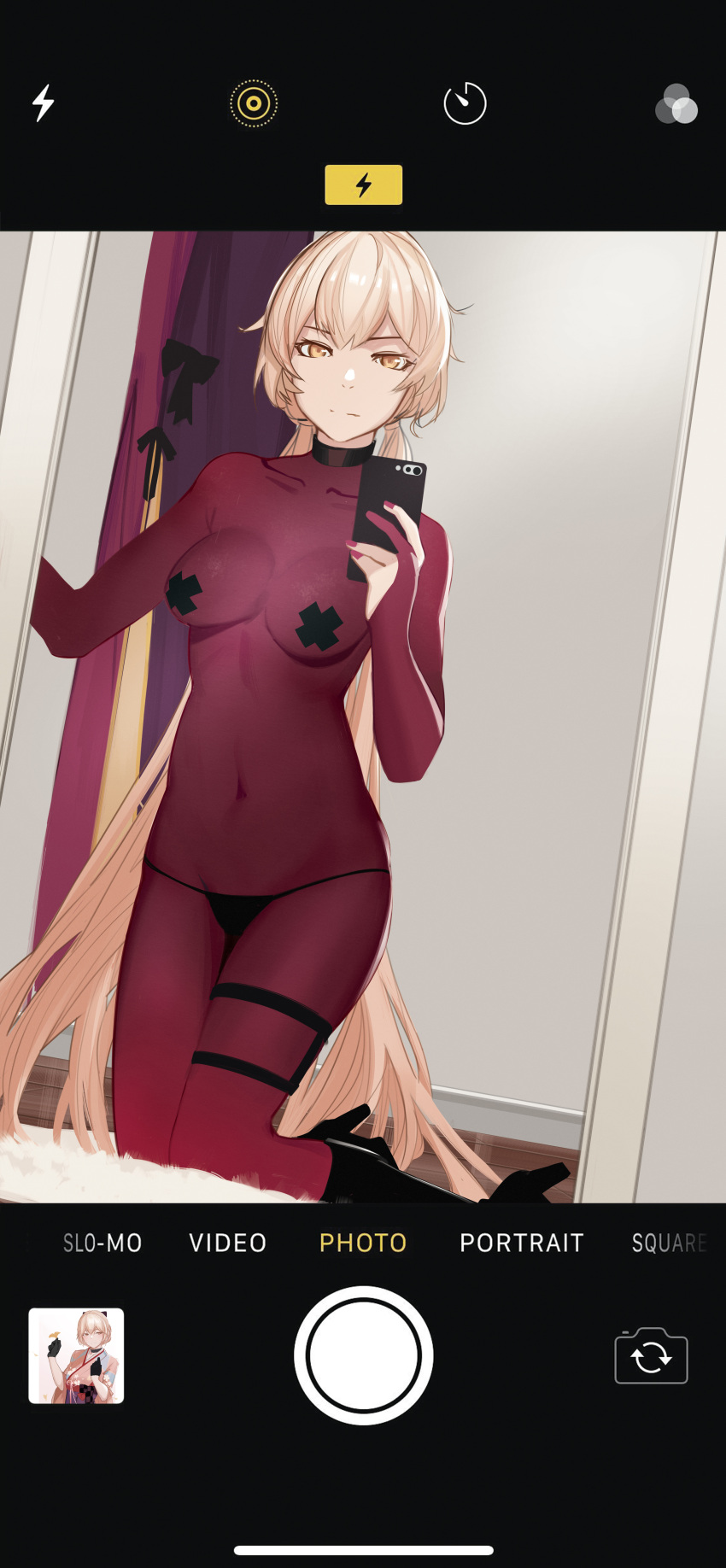 1girl absurdres black_choker black_footwear black_panties blonde_hair bodysuit boots breasts cellphone choker closed_mouth collarbone covered_navel covered_nipples eyebrows_visible_through_hair girls_frontline high_heel_boots high_heels highres holding holding_phone long_hair looking_at_viewer medium_breasts nail_polish ots-14_(girls_frontline) panties phone phone_screen purple_bodysuit purple_nails salty_eyes screen simple_background sitting sitting_on_floor smartphone solo underwear yellow_eyes
