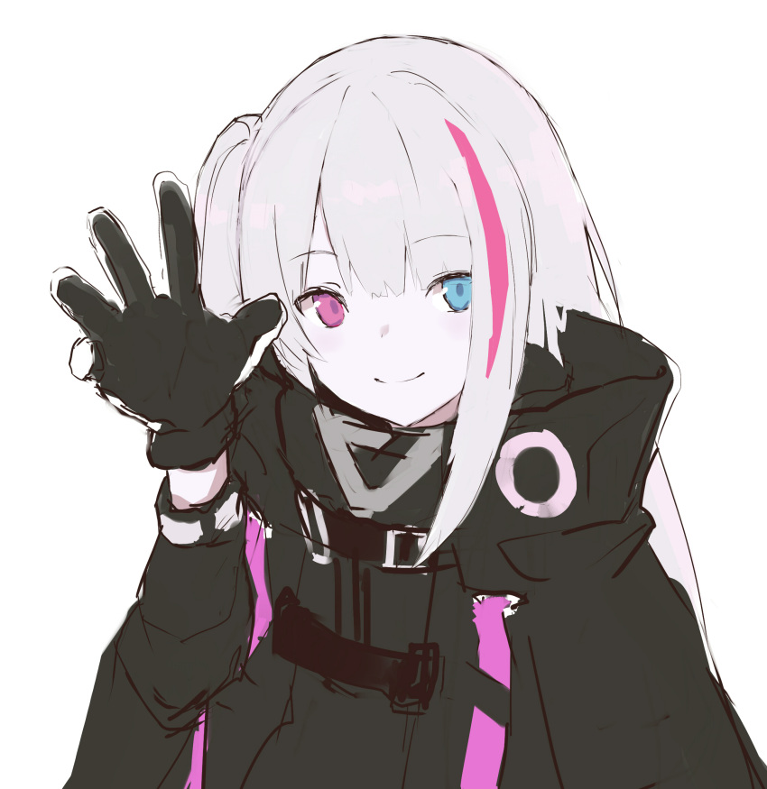 1girl black_gloves black_jacket blue_eyes closed_mouth eyebrows_visible_through_hair ff_frbb122 girls_frontline gloves hair_ornament hand_up heterochromia highres jacket long_hair looking_at_viewer mdr_(girls_frontline) multicolored_hair silver_hair smile solo_focus violet_eyes white_background