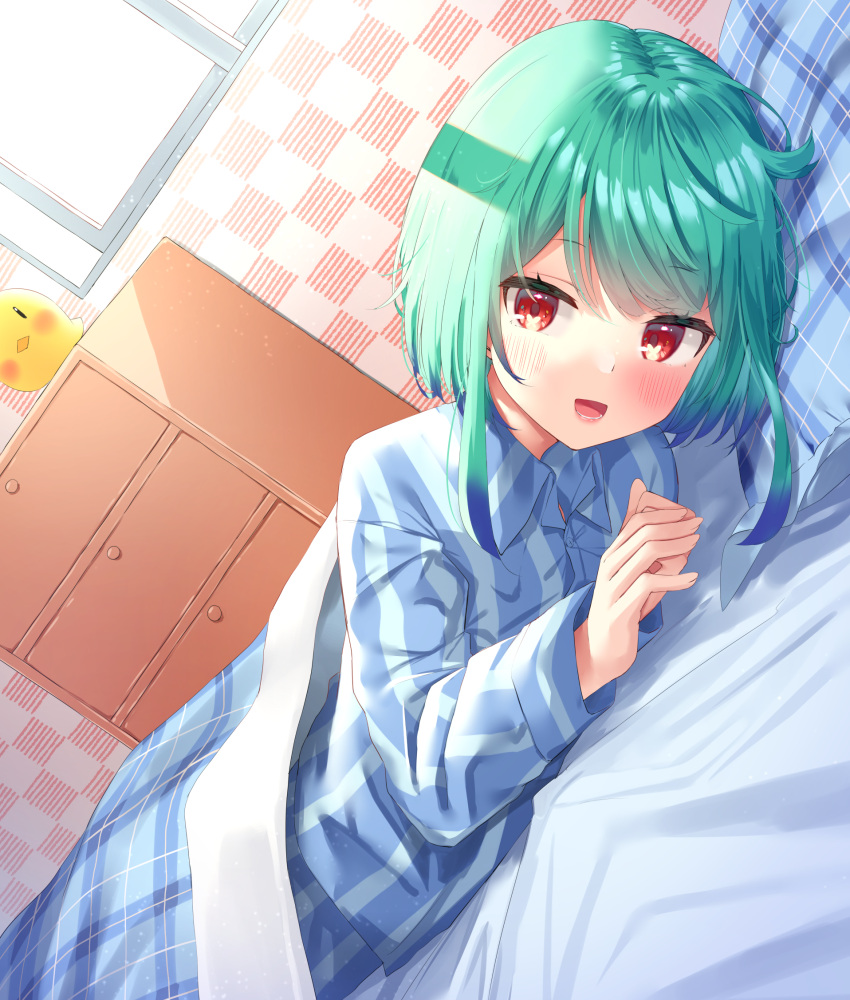 1girl :d bangs bed blue_hair blue_pajamas blue_shirt blush checkered chest_of_drawers collared_shirt dress_shirt dutch_angle eyebrows_visible_through_hair gradient_hair green_hair hair_between_eyes hands_up highres hololive indoors k_mugura long_sleeves looking_at_viewer lying multicolored_hair on_stomach open_mouth pajamas pillow plaid_pillow red_eyes shirt smile solo striped striped_shirt under_covers uruha_rushia vertical-striped_shirt vertical_stripes virtual_youtuber window