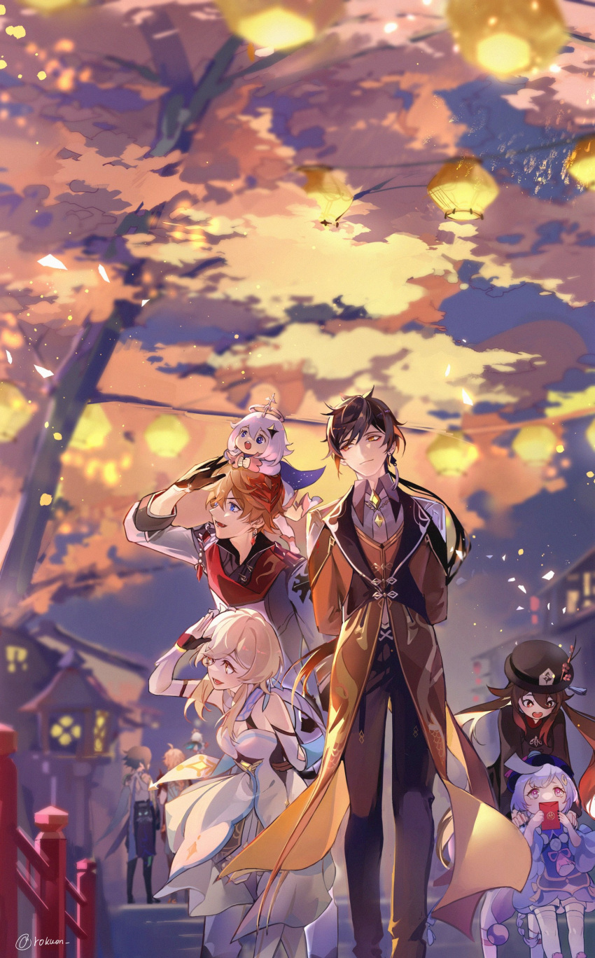 4boys 5girls absurdres aether_(genshin_impact) arm_behind_back bangs black_gloves black_hair blonde_hair blue_eyes breasts brown_hair clone closed_mouth detached_sleeves dress english_commentary envelope flower genshin_impact gloves gradient_hair hair_between_eyes hair_flower hair_ornament hat hat_flower highres holding hu_tao jacket jewelry lantern long_hair long_sleeves lumine_(genshin_impact) mask mask_on_head multicolored_hair multiple_boys multiple_girls on_head open_mouth orange_hair outdoors paimon_(genshin_impact) pants pink_eyes purple_hair qing_guanmao qiqi_(genshin_impact) red_scarf rokuon scarf short_sleeves sidelocks single_earring tartaglia_(genshin_impact) tassel tree twintails twitter_username white_dress white_gloves xiao_(genshin_impact) yellow_eyes zhongli_(genshin_impact)