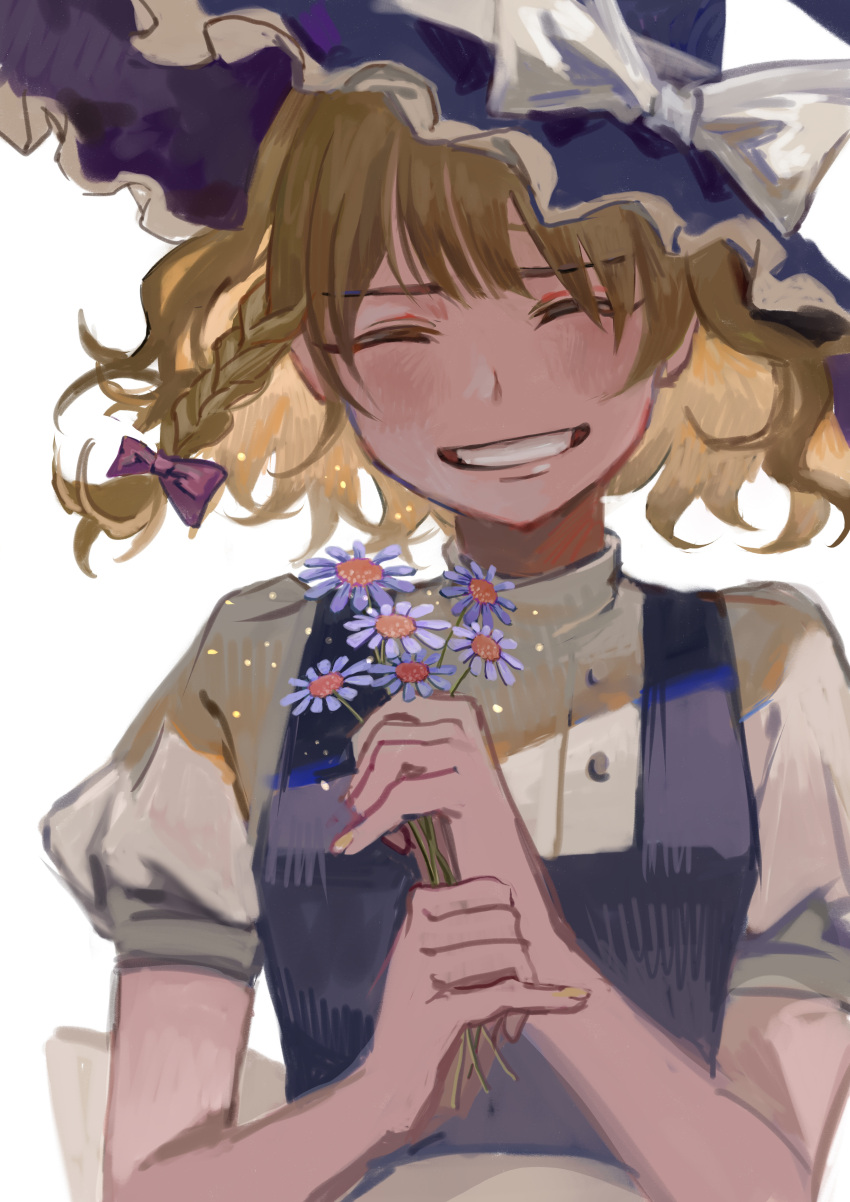 1girl absurdres apron bangs black_vest blonde_hair blush bow braid closed_eyes dou_(doudouzi) eyebrows_visible_through_hair facing_viewer fingernails floating_hair flower frilled_hat frills grin hair_between_eyes hair_bow happy hat hat_bow head_tilt highres holding holding_flower kirisame_marisa light_particles puffy_short_sleeves puffy_sleeves purple_bow shirt short_hair short_sleeves simple_background single_braid smile solo touhou turtleneck upper_body vest waist_apron white_background white_bow white_shirt witch_hat yellow_nails