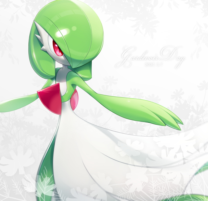 character_name closed_mouth colored_skin commentary dated gardevoir gen_3_pokemon highres looking_back lotosu outstretched_arms pink_eyes pokemon pokemon_(creature) shiny smile solo white_skin