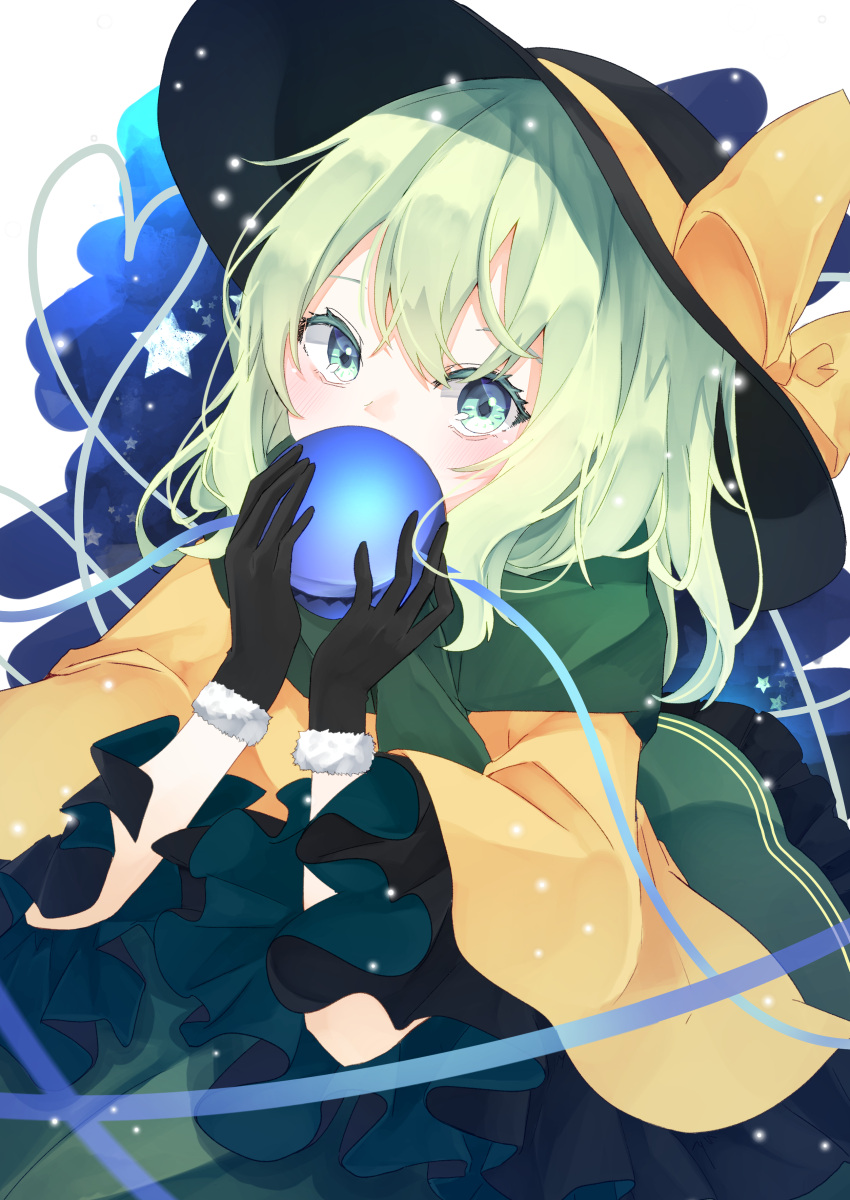 1girl absurdres bangs black_gloves black_headwear blouse bow covering_mouth eyeball eyebrows_behind_hair frills from_above fur_trim gloves green_eyes green_skirt hair_between_eyes hat hat_bow highres holding komeiji_koishi light_blush light_green_hair light_particles looking_at_viewer medium_hair sabatuki simple_background skirt solo star_(symbol) third_eye touhou white_background wide_sleeves yellow_blouse yellow_bow