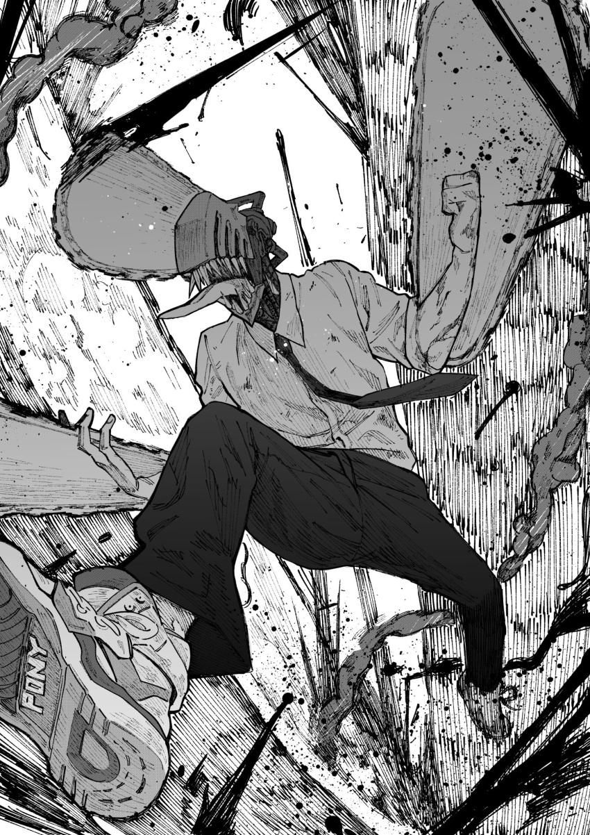 1boy blood blood_splatter bloody_weapon chainsaw chainsaw_man denji_(chainsaw_man) fingernails greyscale hatching_(texture) highres monochrome necktie open_mouth organs otsudou scratches sharp_teeth shoes sneakers solo_focus teeth tongue tongue_out weapon