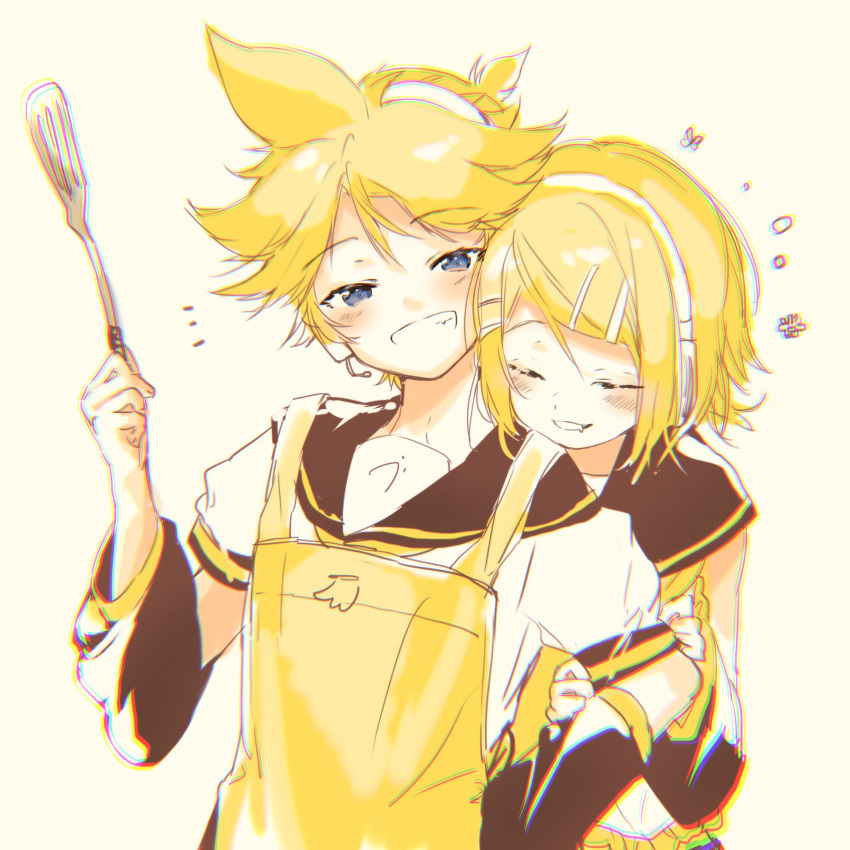 1boy 1girl apron arm_warmers banana_print bangs bass_clef black_collar black_sleeves blonde_hair blue_eyes chromatic_aberration closed_eyes collar grin hair_ornament hairclip hand_up hands_on_another's_arm head_on_another's_shoulder headphones headset highres holding holding_spatula kagamine_len kagamine_rin looking_at_viewer oyamada_gamata sailor_collar school_uniform shirt short_hair short_ponytail short_sleeves smile spatula spiky_hair swept_bangs upper_body vocaloid white_shirt yellow_apron yellow_neckwear