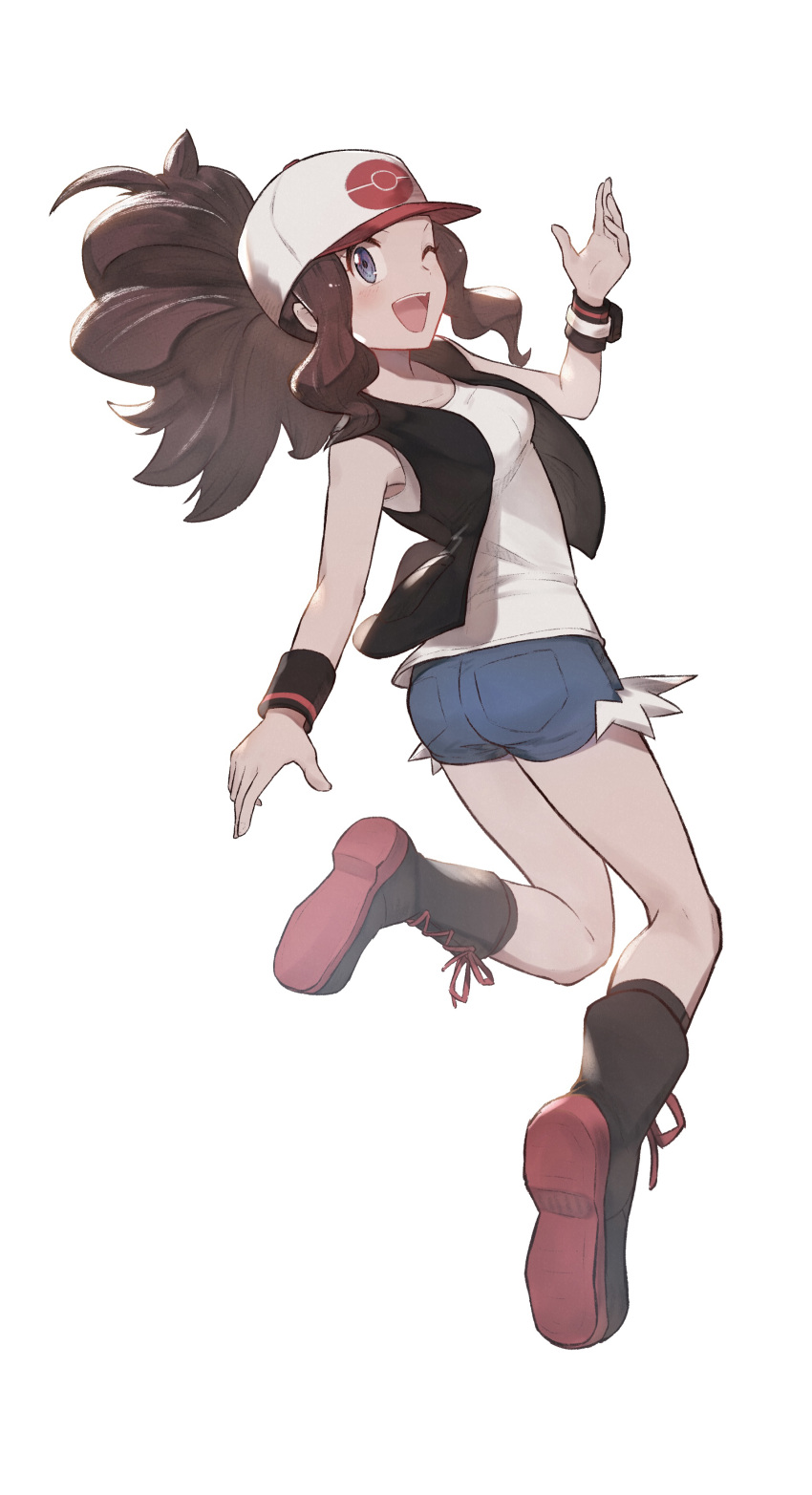 1girl ;d absurdres baseball_cap black_vest black_wristband boots breasts brown_footwear brown_hair commentary_request full_body grey_eyes hand_up hat highres hilda_(pokemon) long_hair looking_at_viewer odd_(hin_yari) one_eye_closed open_mouth pokemon pokemon_(game) pokemon_bw shirt short_shorts shorts sidelocks simple_background smile solo teeth tongue vest white_background white_shirt