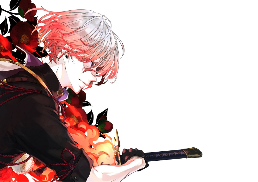 1boy bangs bishounen bowl_cut fate/grand_order fate_(series) fiery_hair fire flower from_side glowing glowing_hair grey_hair highres holding holding_sword holding_weapon japanese_clothes male_focus multicolored_hair red_eyes redhead sheath shio_(fclef_disco) short_hair solo sword two-tone_hair unsheathing upper_body watanabe_no_tsuna_(fate) weapon