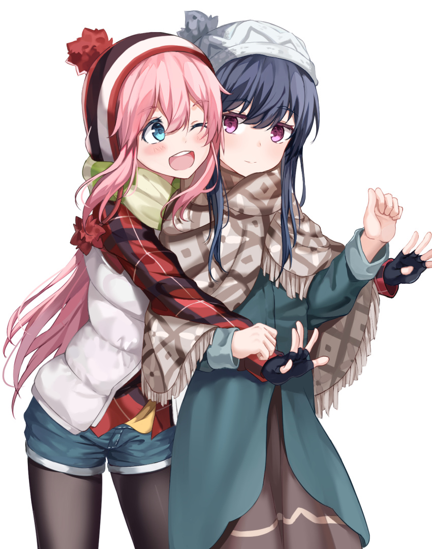 2girls beanie blue_eyes blue_hair blush eye_contact fingerless_gloves gloves ha_en hat highres hug hug_from_behind kagamihara_nadeshiko long_hair looking_at_another multiple_girls one_eye_closed open_mouth pantyhose pink_hair poncho scarf shima_rin shorts simple_background smile upper_teeth violet_eyes white_background winter_clothes yuri yurucamp