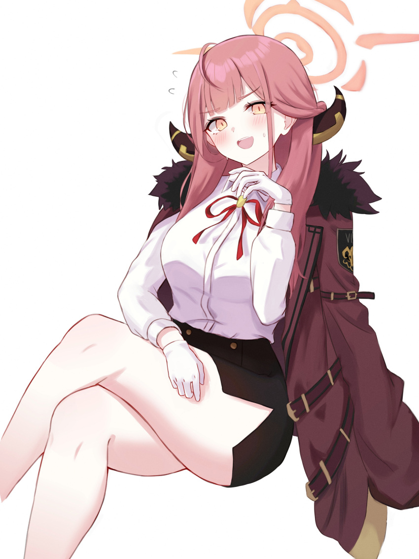 1girl :d absurdres aru_(blue_archive) blue_archive blush breasts crossed_legs feet_out_of_frame halo highres horns kano_(wi3028) large_breasts long_hair looking_at_viewer open_mouth pink_eyes pink_hair simple_background sitting smile solo white_background