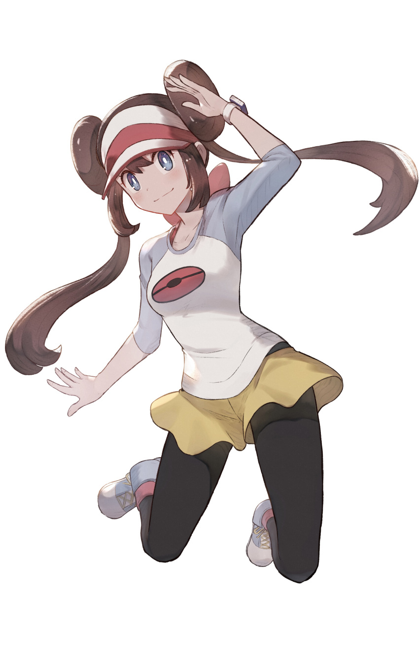 1girl absurdres arm_up bangs blush bright_pupils brown_hair brown_legwear closed_mouth commentary_request doughnut_hair_bun floating_hair grey_eyes hair_between_eyes highres looking_at_viewer odd_(hin_yari) pantyhose pokemon pokemon_(game) pokemon_bw2 raglan_sleeves rosa_(pokemon) shirt shoes short_shorts shorts sidelocks simple_background smile sneakers solo twintails two-tone_headwear visor_cap white_background yellow_shorts