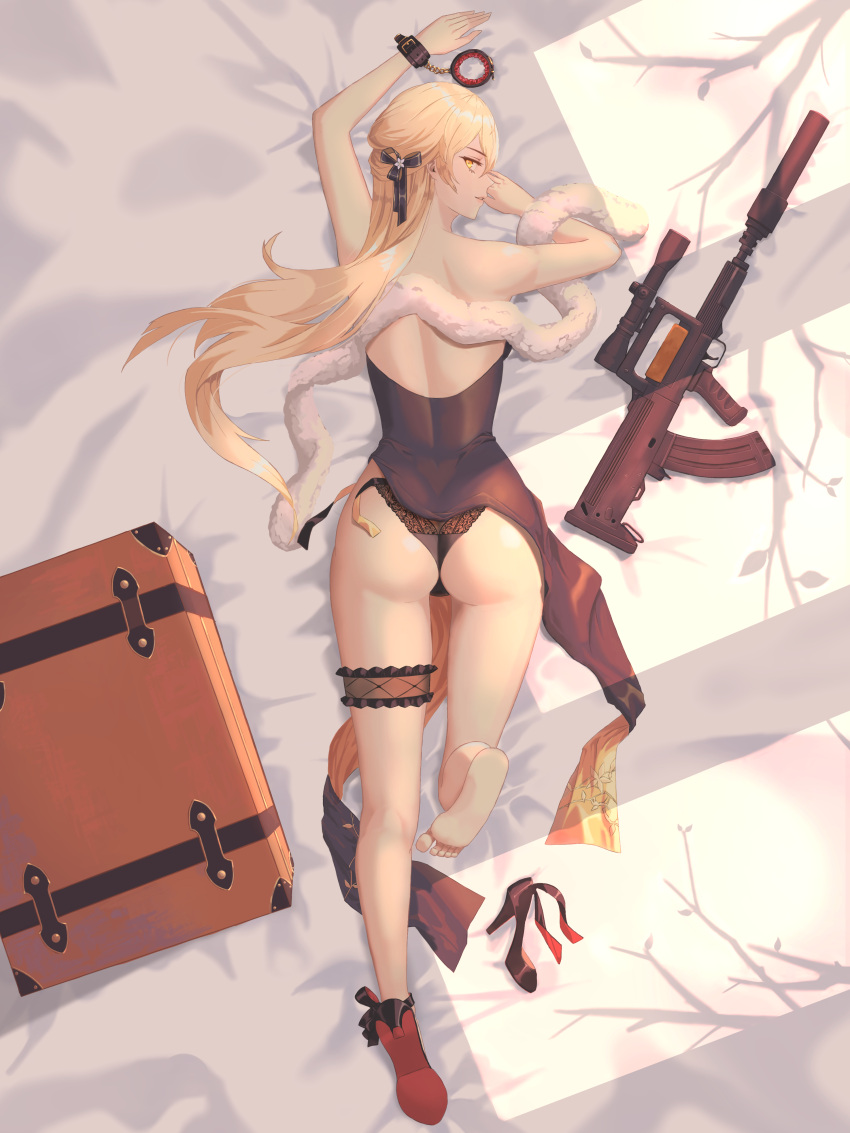 1girl absurdres ass assault_rifle back bag bare_legs bare_shoulders black_dress black_footwear black_panties black_ribbon blonde_hair cuffs dress eyebrows_visible_through_hair fur girls_frontline gun hair_ribbon handcuffs high_heels highres lips long_hair looking_back lying on_stomach ots-14 ots-14_(girls_frontline) panties ribbon rifle shoes shoes_removed simple_background single_shoe smile soles solo un_lim underwear weapon yellow_eyes