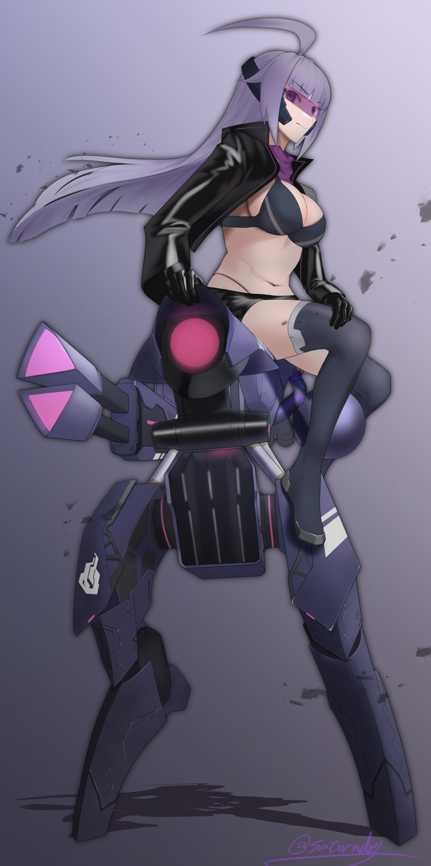 1girl absurdres ahoge bangs blunt_bangs breasts dragoon_(girls_frontline) girls_frontline highres huge_ahoge large_breasts long_hair navel purple_hair robot sangvis_ferri saturndxy sidelocks solo very_long_hair violet_eyes visor