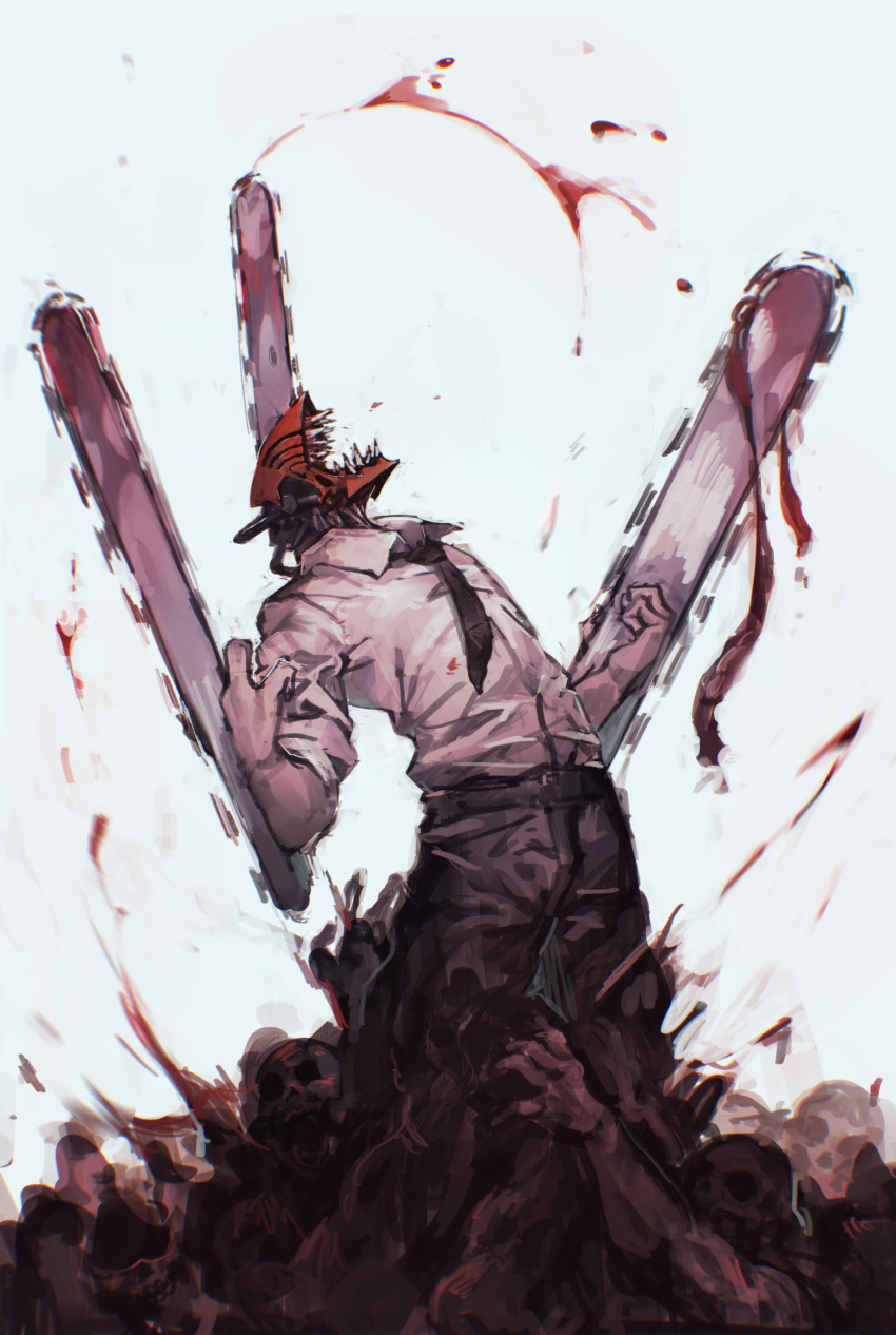 1boy absurdres black_neckwear blood bloody_weapon chainsaw chainsaw_man death denji_(chainsaw_man) dripping highres necktie open_mouth screaming sharp_teeth solo_focus teeth weapon yanyan_(shinken_gomi)