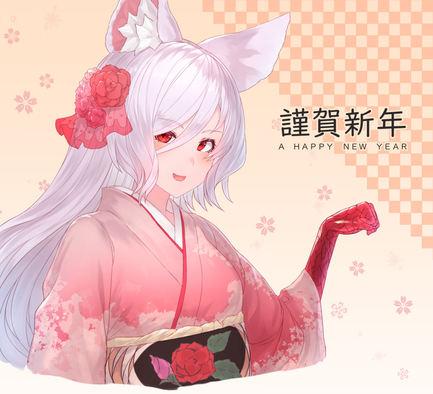 1girl :d animal_ear_fluff animal_ears bangs breasts cat_ears cat_girl eyebrows_visible_through_hair eyelashes flower furisode green_eyes hair_between_eyes hair_flower hair_ornament hair_over_one_eye happy_new_year highres japanese_clothes kanzashi kimono king's_raid kirze large_breasts long_hair looking_at_viewer new_year obi obiage open_mouth pink_kimono print_kimono red_eyes sash scales shirt silver_hair smile solo white_shirt yu_mochi_(kamiinu)