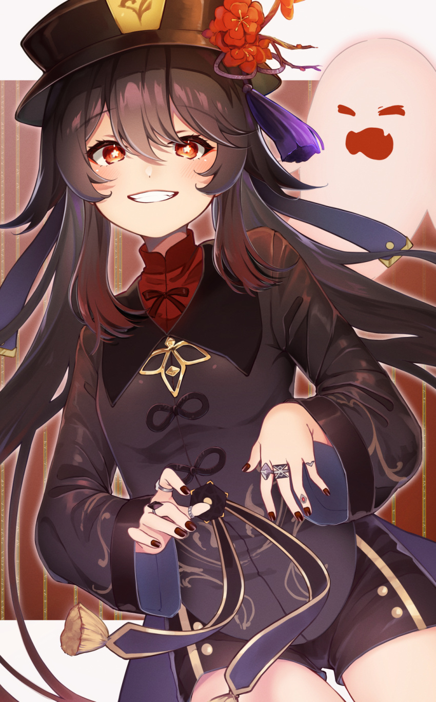 1girl bangs black_headwear brown_hair clenched_teeth commentary_request eyebrows_visible_through_hair fingernails flower flower-shaped_pupils genshin_impact ghost hair_between_eyes hat hat_flower highres hu_tao jewelry kodama_(koda_mat) long_hair long_sleeves looking_at_viewer multiple_rings nail_polish orange_eyes plum_blossoms red_nails ring smile solo teeth thighs thumb_ring twintails