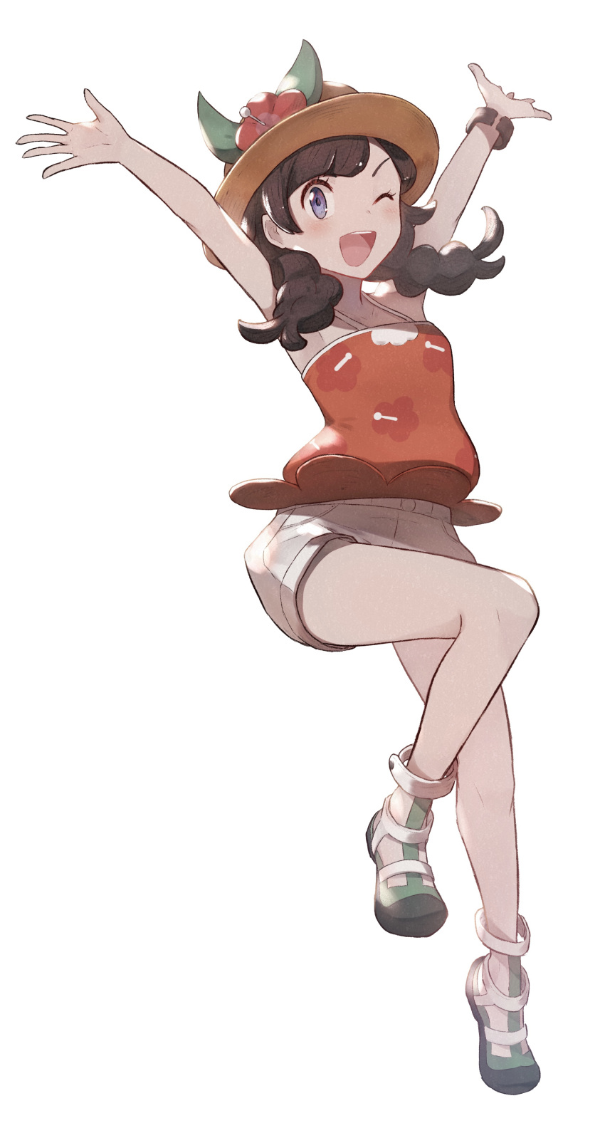 1girl ;d absurdres arms_up blush brown_hair brown_headwear camisole eyelashes floral_print flower full_body grey_eyes grey_shorts hat hat_flower highres knees leg_up odd_(hin_yari) one_eye_closed open_mouth orange_camisole pokemon pokemon_(game) pokemon_usum selene_(pokemon) shoes shorts simple_background smile solo spread_fingers teeth tongue twintails white_background