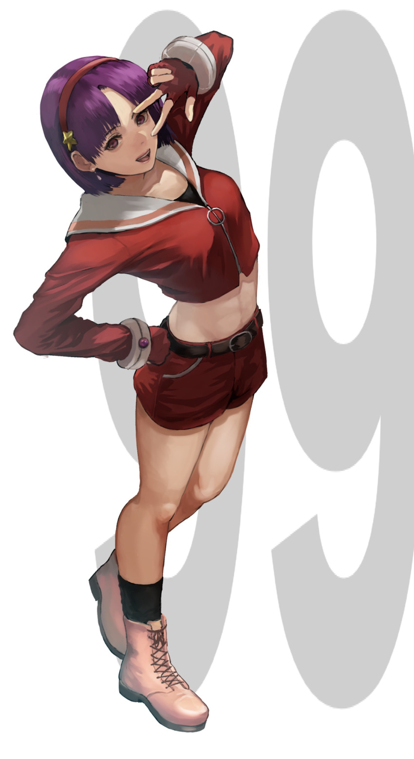 1girl arm_up asamiya_athena bangs belt closed_mouth earrings fingerless_gloves full_body gauss_&lt;bokashi gloves hairband hand_on_hip highres jewelry long_sleeves looking_at_viewer number one_eye_closed parted_bangs purple_hair red_gloves red_shorts salute sample shoes short_hair shorts simple_background smile socks solo standing star_ornament the_king_of_fighters the_king_of_fighters_'99 v v_over_eye violet_eyes white_background white_footwear