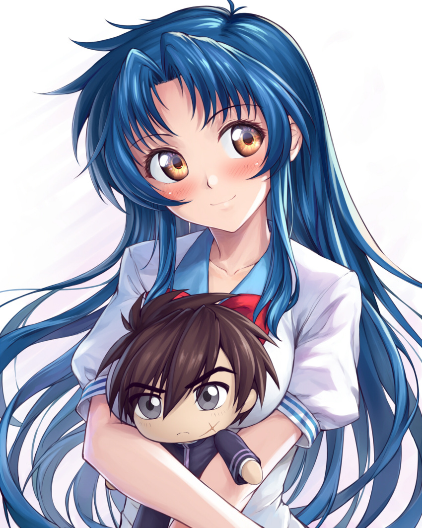 1girl blue_hair blush bow bowtie brown_eyes character_doll chidori_kaname closed_mouth collarbone floating_hair full_metal_panic! head_tilt highres ivenglynn long_hair looking_to_the_side red_bow red_neckwear sagara_sousuke school_uniform shiny shiny_hair shirt short_sleeves simple_background smile solo upper_body very_long_hair white_background white_shirt
