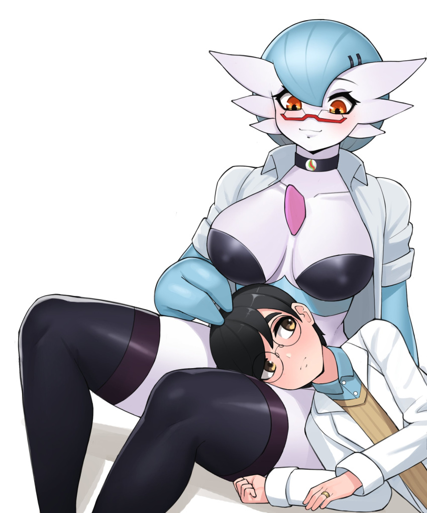 1boy 1girl absurdres alternate_color black_bra black_choker black_hair black_legwear blue_hair blue_skin bob_cut bra breasts brown_eyes choker coat colored_skin donburi_(donburikazoku) dot_nose dr._voir eyelashes gardevoir gen_3_pokemon glasses hair_ornament hairclip highres jewelry labcoat large_breasts mega_stone navel open_clothes open_coat pokemon pokemon_(creature) pokemon_(game) red-framed_eyewear red_eyes ring semi-rimless_eyewear shiny shiny_clothes shiny_hair shiny_skin smile teacher_and_student thick_thighs thigh-highs thighs underwear white_background white_coat