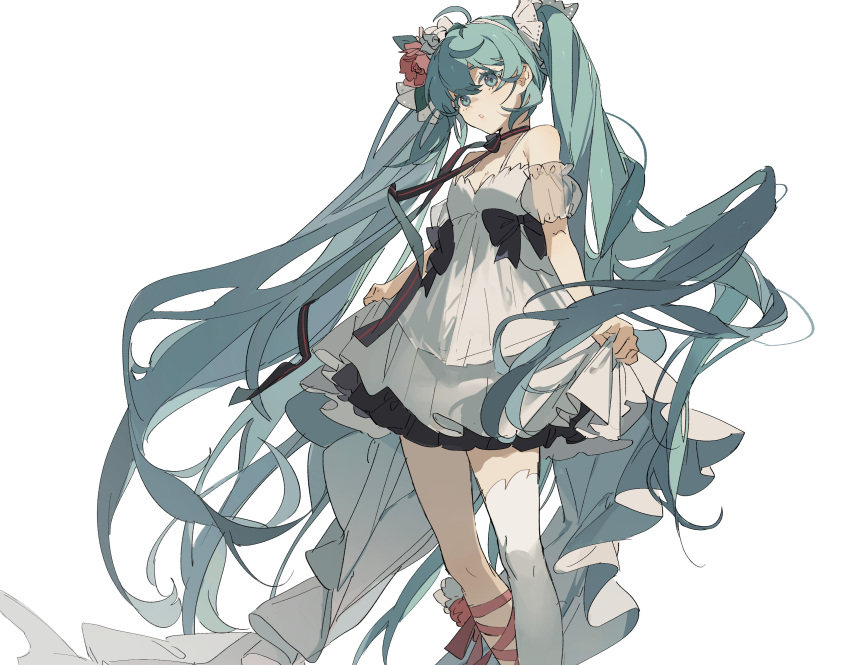 1girl absurdres ahoge aqua_eyes aqua_hair bare_shoulders black_bow blue_flower bow detached_sleeves dress dress_bow eyebrows_behind_hair feet_out_of_frame floating_hair flower frilled_dress frills hair_flower hair_ornament hairband hatsune_miku highres leg_ribbon long_hair neck_ribbon pink_flower pink_ribbon puffy_sleeves ribbon see-through_sleeves short_dress single_thighhigh skirt_hold sleeveless sleeveless_dress solo spaghetti_strap striped striped_ribbon thigh-highs twintails very_long_hair vocaloid white_background white_dress white_hairband white_legwear zhibuji_loom