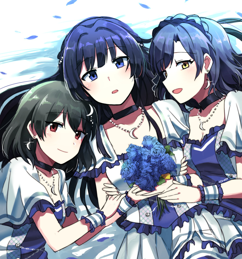 3girls bangs blue_eyes blue_flower blue_hair bouquet brown_eyes choker crescent crescent_earrings crescent_necklace dress earrings eyebrows_visible_through_hair flower frilled_dress frills green_hair highres holding holding_bouquet idol idolmaster idolmaster_million_live! idolmaster_million_live!_theater_days jewelry lix looking_at_viewer lying mogami_shizuka multiple_girls nagayoshi_subaru nanao_yuriko open_mouth short_sleeves smile white_dress wrist_cuffs yellow_eyes