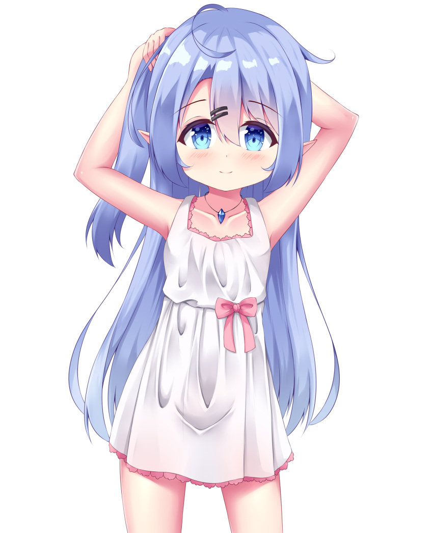 1girl absurdres ahoge armpits arms_behind_head arms_up blue_eyes blue_hair child dress elf hair_ornament hairclip highres jewelry kianata long_hair original pendant pointy_ears side_ponytail simple_background smile solo sundress white_background white_dress