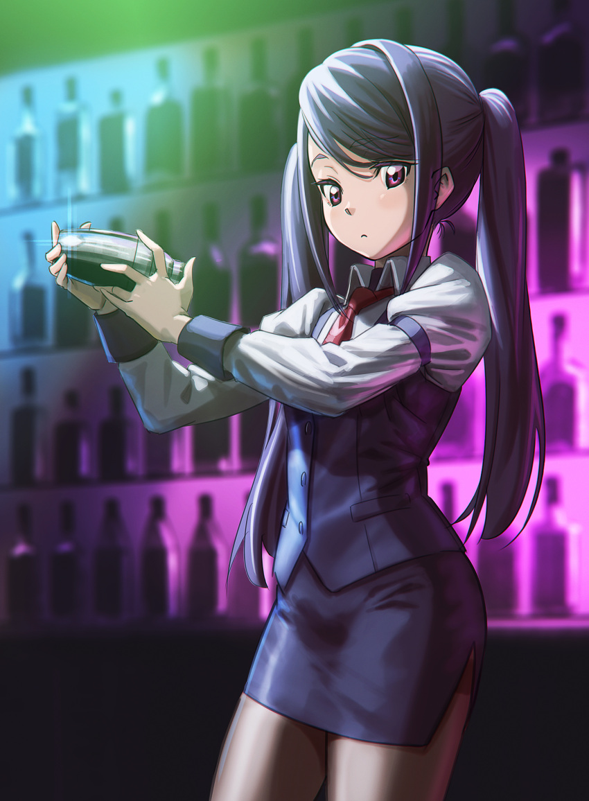 alcohol bartender blue_hair blurry blurry_background blush bottle brown_legwear closed_mouth eyebrows_visible_through_hair glint highres hironii_(hirofactory) jill_stingray long_hair necktie pantyhose puffy_sleeves red_neckwear twintails va-11_hall-a violet_eyes