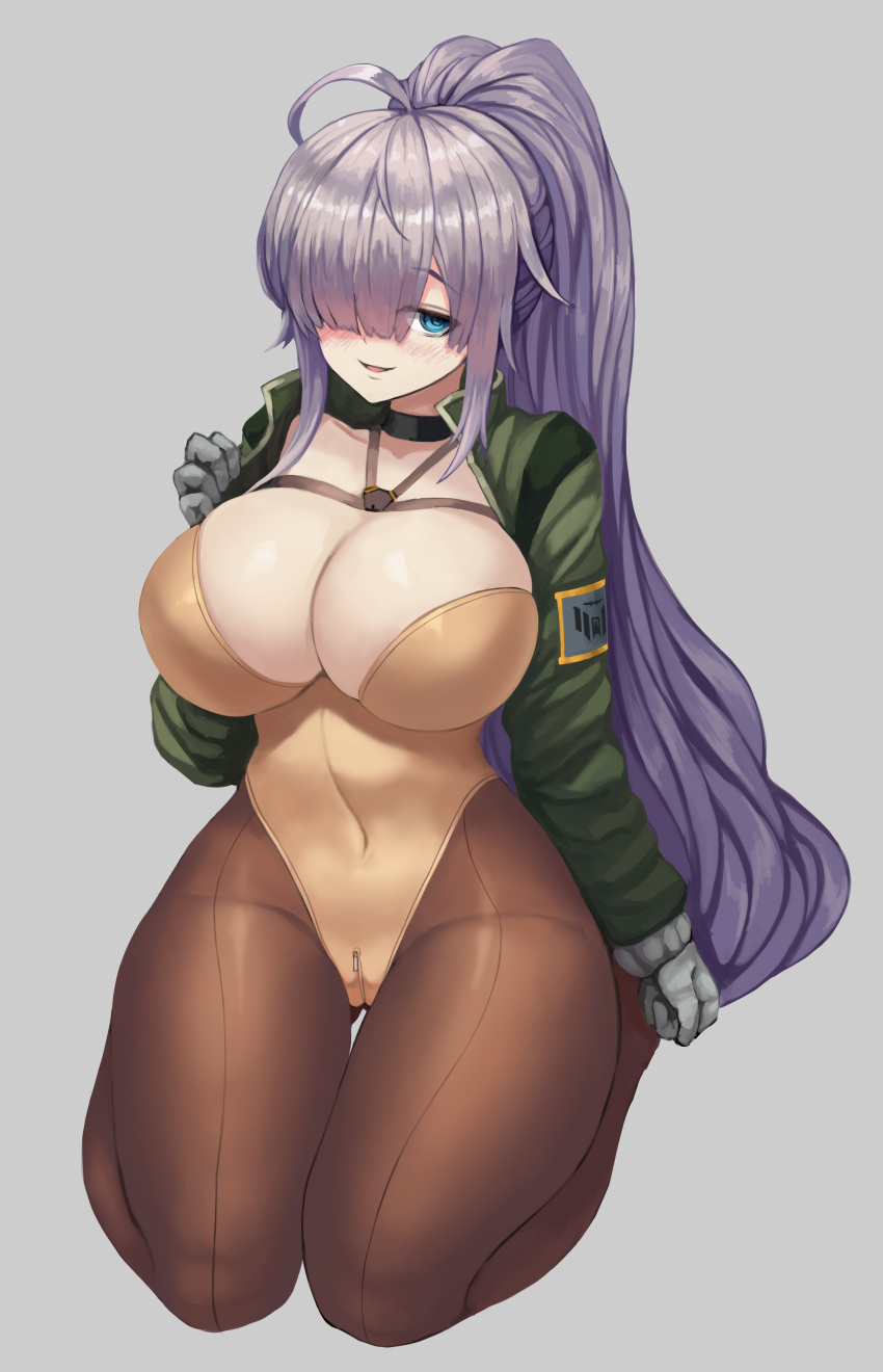 1girl absurdres ahoge blue_eyes blush breasts gloves hair_over_one_eye highres huge_breasts jacket kneeling last_origin light_purple_hair long_hair looking_at_viewer pantyhose ponytail poorgom simple_background smile solo t-20s_gnome very_long_hair white_background