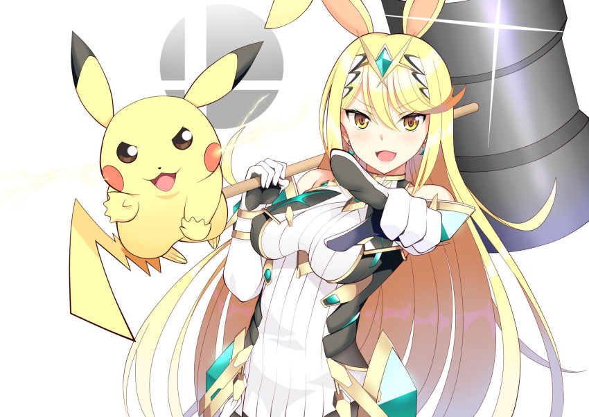 1girl aegis_sword_(xenoblade) bangs black_legwear blonde_hair chest_jewel daive gem gen_1_pokemon hammer headpiece highres long_hair mythra_(massive_melee)_(xenoblade) mythra_(xenoblade) pikachu pokemon_(creature) red_shorts shorts smile super_smash_bros. super_smash_bros._logo swept_bangs tiara xenoblade_chronicles_(series) xenoblade_chronicles_2