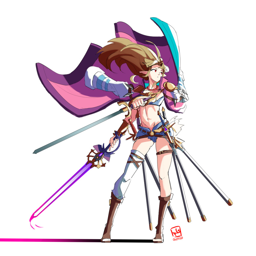 1girl alternate_costume armor automatic_giraffe boots bracelet breasts brown_hair cape crop_top cutoffs dual_wielding earrings english_commentary full_body glowing glowing_sword glowing_weapon hand_on_hilt holding holding_sword holding_weapon jewelry knee_boots long_hair multiple_swords pauldrons pearl_bracelet pointy_ears princess_zelda rapier red_eyes scabbard sheath sheathed shorts shoulder_armor single_thighhigh small_breasts solo sword the_legend_of_zelda the_legend_of_zelda:_a_link_between_worlds thigh-highs toeless_footwear triangle_earrings triforce vambraces weapon window