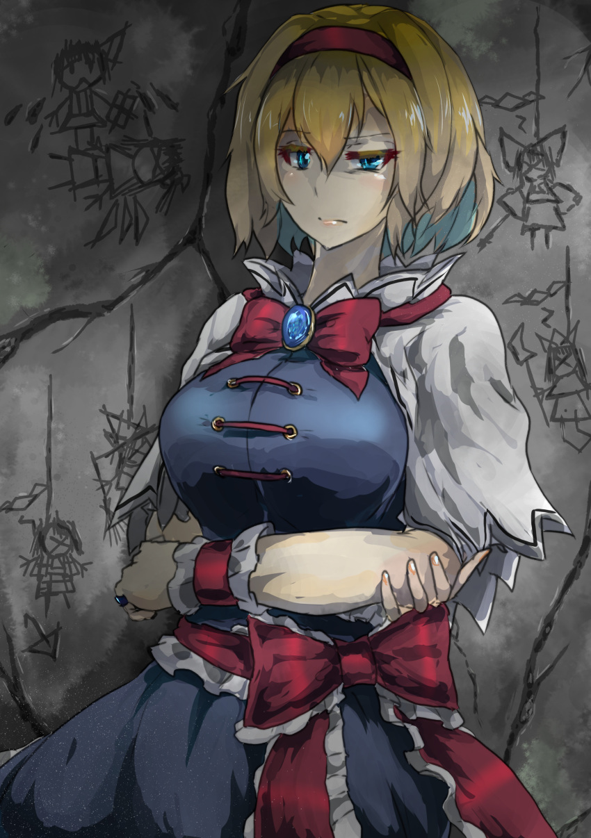 absurdres alice_margatroid ascot blonde_hair blue_dress blue_eyes blue_gemstone bow bowtie capelet check_commentary chest_jewel commentary commentary_request cracked_wall crossed_arms dress frilled_ascot frilled_dress frilled_ribbon frills frown gem hairband highres horror_(theme) indatsukasa jewelry lolita_hairband raised_eyebrow red_bow red_bowtie red_hairband red_ribbon ribbon ring scribble short_hair stone_wall touhou touhou_cannonball unamused wall white_capelet