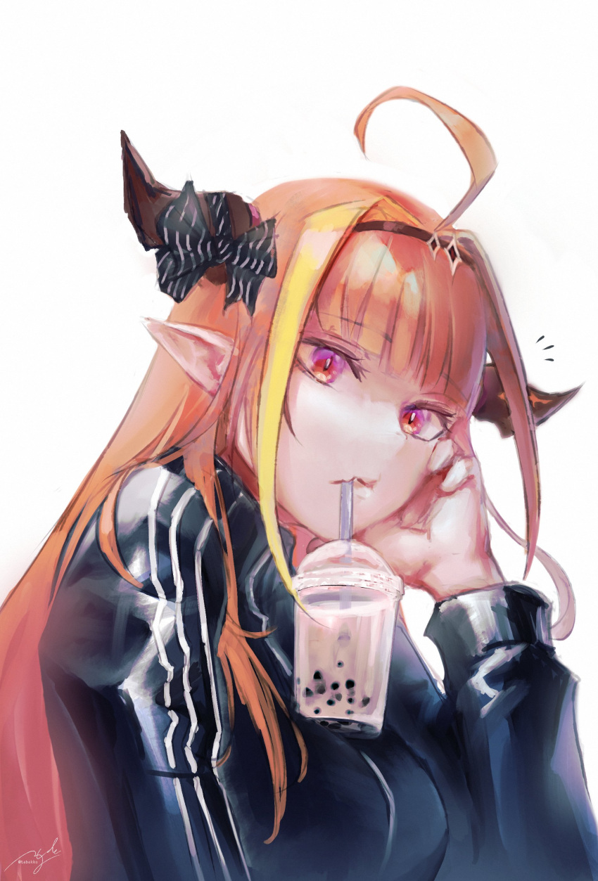 1girl absurdres ahoge alternate_costume bangs black_jacket blonde_hair bow bubble_tea_challenge cup dragon_girl dragon_horns drinking_straw eyebrows_visible_through_hair hand_on_own_face head_rest headband highlights highres hololive horn_bow horns jacket kiryuu_coco long_hair long_sleeves looking_at_viewer mr.holmes multicolored multicolored_eyes multicolored_hair orange_hair pointy_ears red_eyes signature simple_background slit_pupils solo streaked_hair striped striped_bow track_suit violet_eyes virtual_youtuber white_background