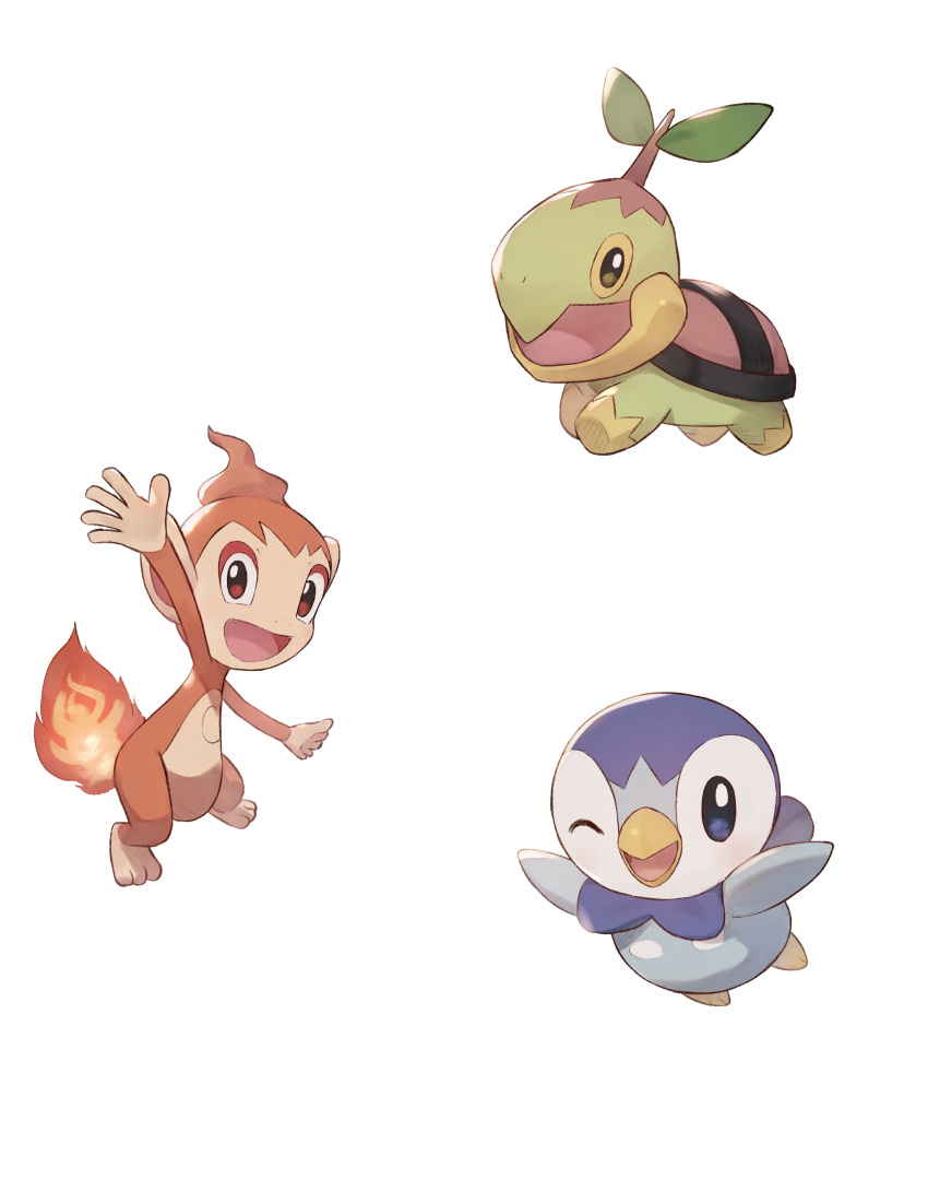 ;) absurdres arm_up blue_eyes brown_eyes chimchar commentary_request fire flame gen_4_pokemon green_eyes highres no_humans odd_(hin_yari) one_eye_closed open_mouth piplup pokemon pokemon_(creature) simple_background smile starter_pokemon_trio toes tongue turtwig white_background